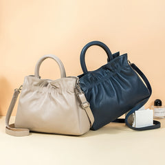 Leather Women's Handbag Detachable Shoulder Strap Lake Gray Beige