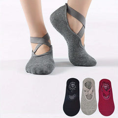 3 Pairs Yoga Socks Non Slip with Cross Strap & Grip for Balance & Stability