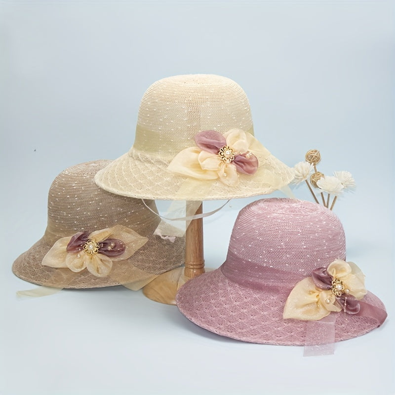 Foldable Flower Sun Hat Lace Ribbon Decor Sunscreen Basin Hat