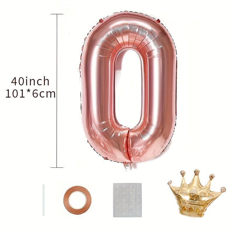 1pc 101 6 Cm Rose Golden Number Foil Balloon + Ribbon, Straw, Crown