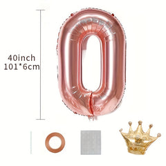 1pc 101 6 Cm Rose Golden Number Foil Balloon + Ribbon, Straw, Crown