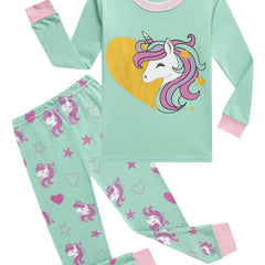 2 Pcs Girls' Unicorn Cotton Pajamas Set Crew Neck Long Sleeve T Shirt & Pants