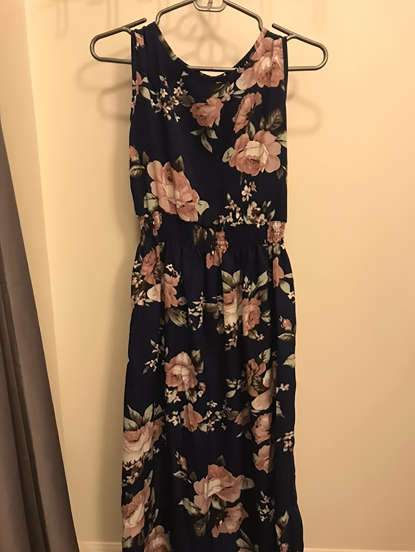 Floral Print Shirred Flared Dress Sleeveless Tank Dress Women's Clothing