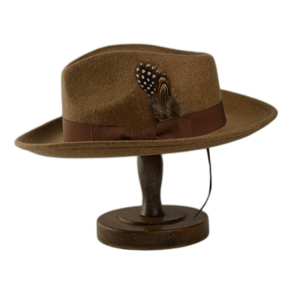Wool Fedora Hat with Bow Band and Feathers Wide Brim Felt Hat