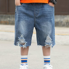 Boys' Ripped Denim Shorts Elastic Waist Cotton Shorts