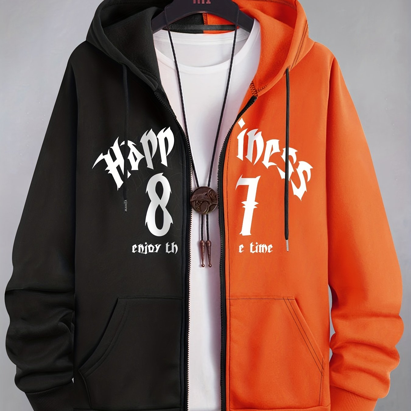 Patchwork Happiness Letter & Number 87 Print Men's Hooded Sweatshirt