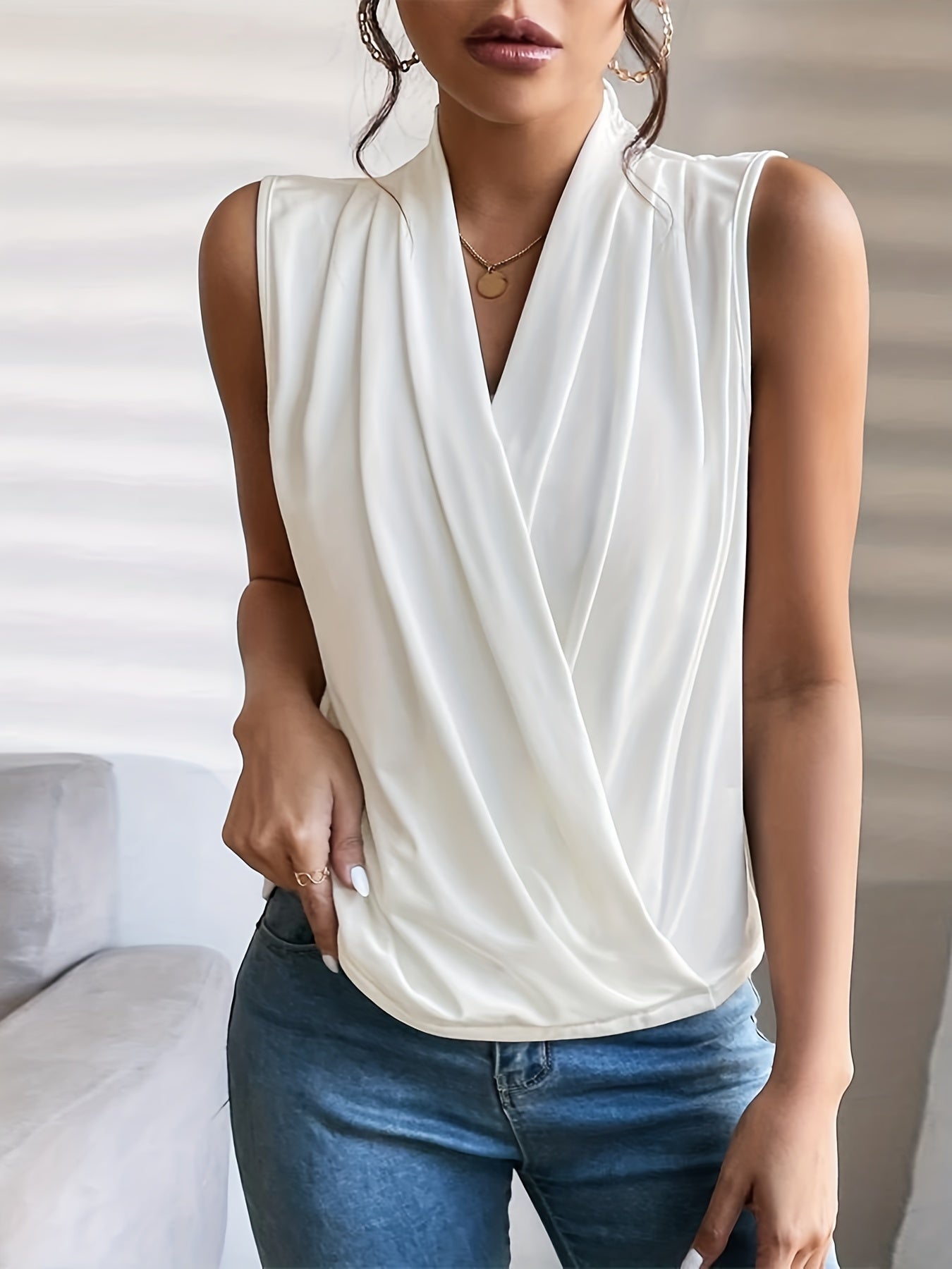 Ruched Surplice Neck Tank Top Sleeveless