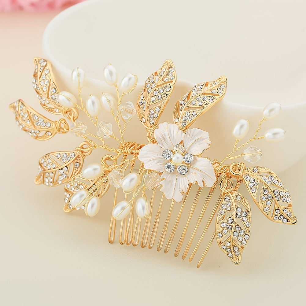 Flower & Leaf Charm Rhinestone Hair Comb Pearl Decor Wedding Headwear