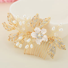 Flower & Leaf Charm Rhinestone Hair Comb Pearl Decor Wedding Headwear