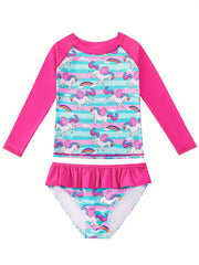 Flamingo Print Girls Swimsuit Long Sleeve Sun Protection