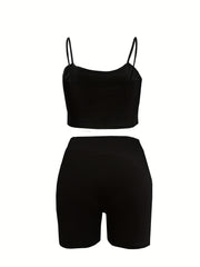 Bear & Letter Print Cami Crop Top & Biker Shorts Set