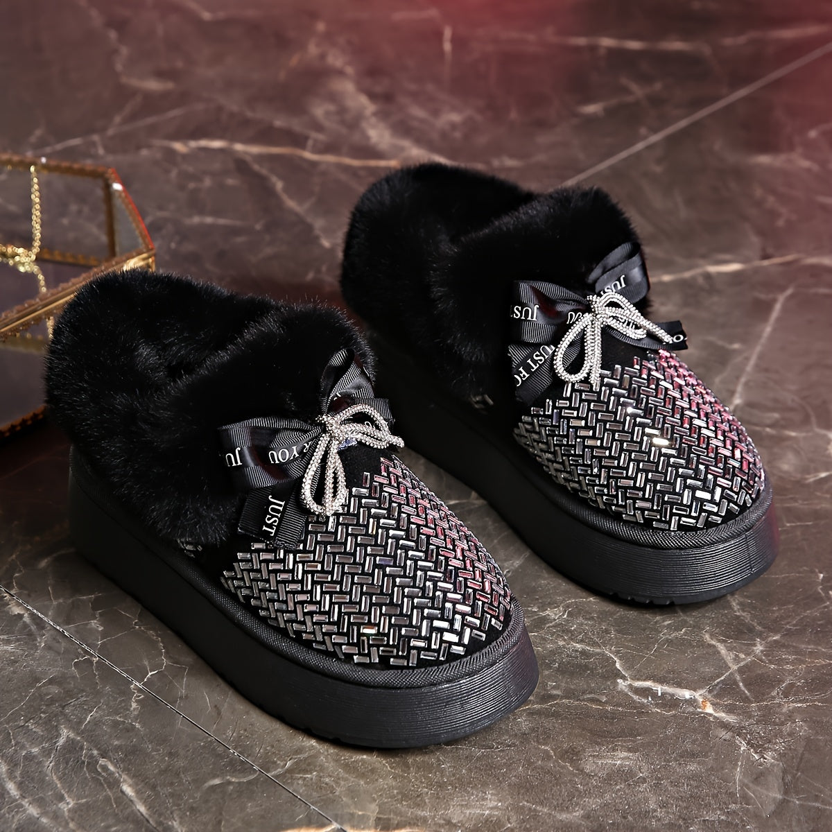 Bowknot Decor Rhinestone Glitter Snow Boots Thermal Fall Winter Warm
