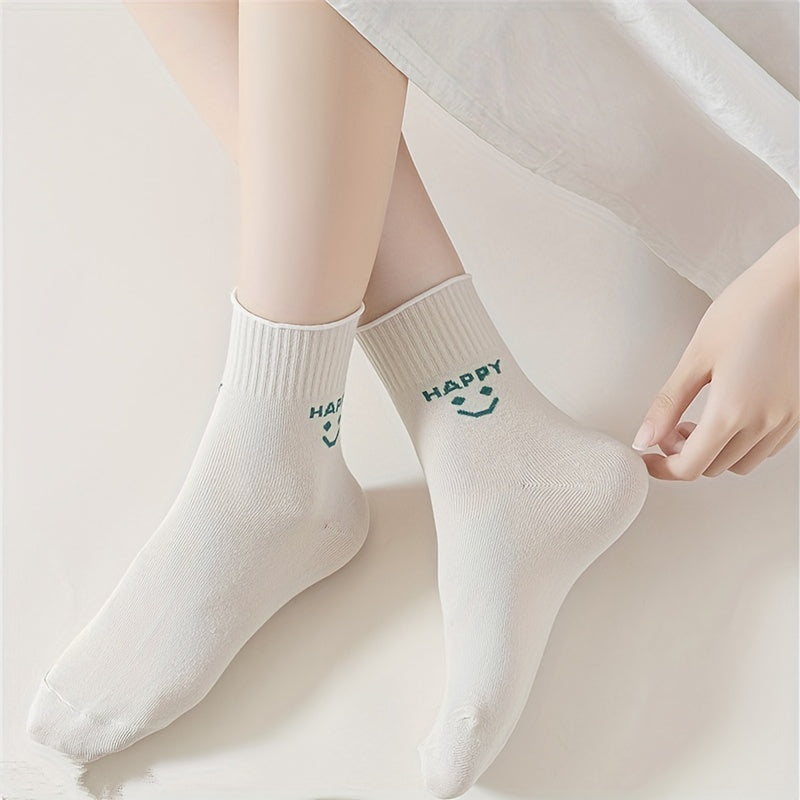 8 Pairs Smiling Face Print Socks Comfy Mid Tube Stockings