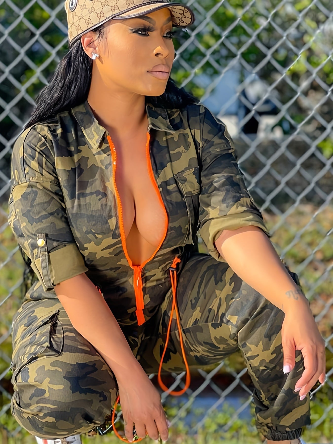 Camo Print Zip Jumpsuit Half Sleeve Long Length Slim Waist Women's Clothing