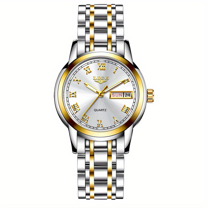 LIGE Golden Watch Ladies Steel Bracelet Waterproof Clock