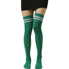 Lucky Shamrock Print Green Striped St Patrick's Over The Knee Socks