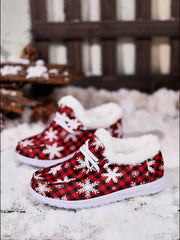 Women's Snow Boots Snowflakes & Plaid Print Plush Warm Lace-up Winter Christmas