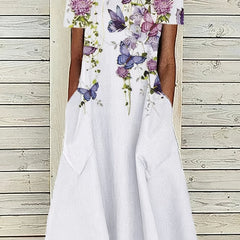 Floral Split Crew Neck Maxi Dress Short Sleeve