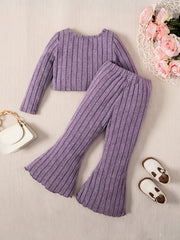 Toddler Girl's Ribbed Top & Flared Pants Set Casual Outfits Kids Clothes