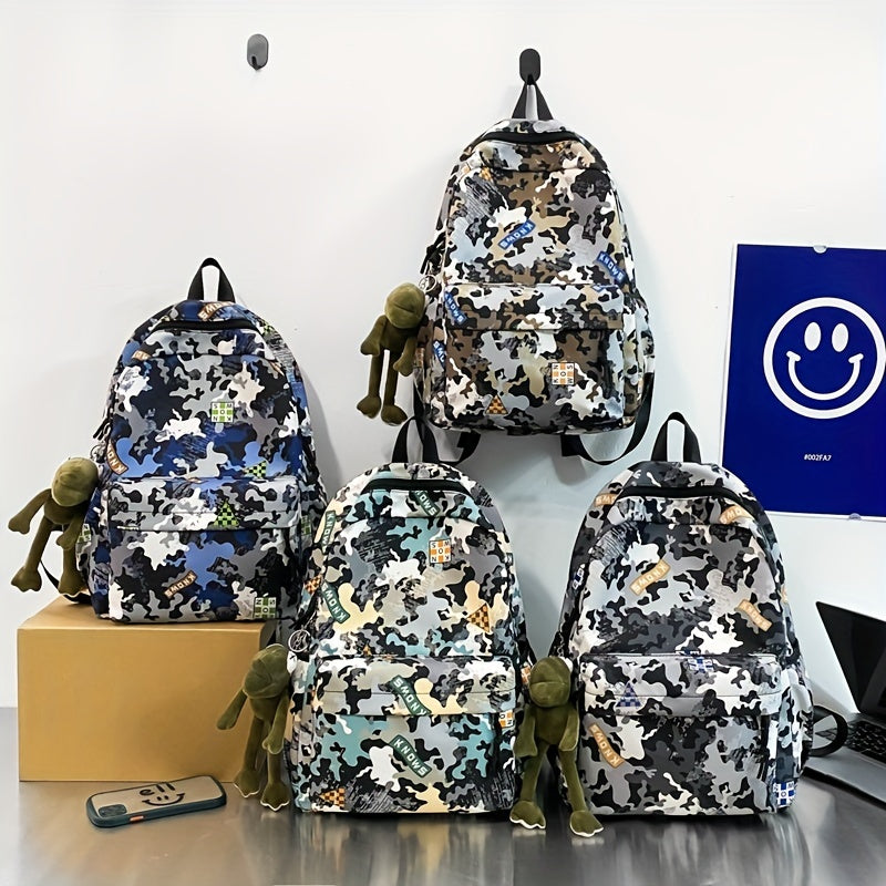 Camouflage Backpack with Frog Pendant for School and Travel