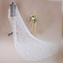 Romantic Floral Bridal Veil with Comb Double Layer Long Train