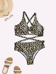 Leopard Print Bikini Set Crisscross Back Tie Bra & Panty Swimsuit