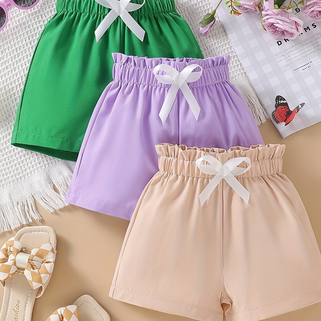 3pcs Toddler Kid Girls' Shorts Set With Bow Front And Paperbag Waist