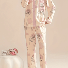 Cartoon Cat Pajama Set Long Sleeve V Neck Top & Elastic Waistband