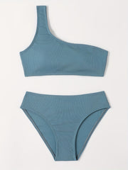 Girl's Solid Bikini Set One Shoulder Tank Top & Briefs