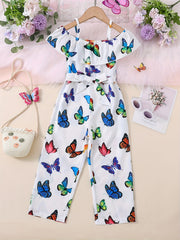 Girls Ruffled Romper Butterfly Graphic Jumpsuit