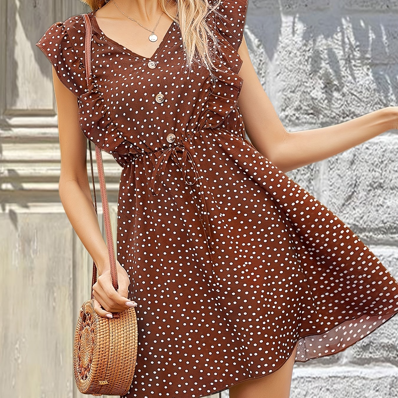 Polka Dot Print Dress V Neck Sexy Butterfly Sleeve