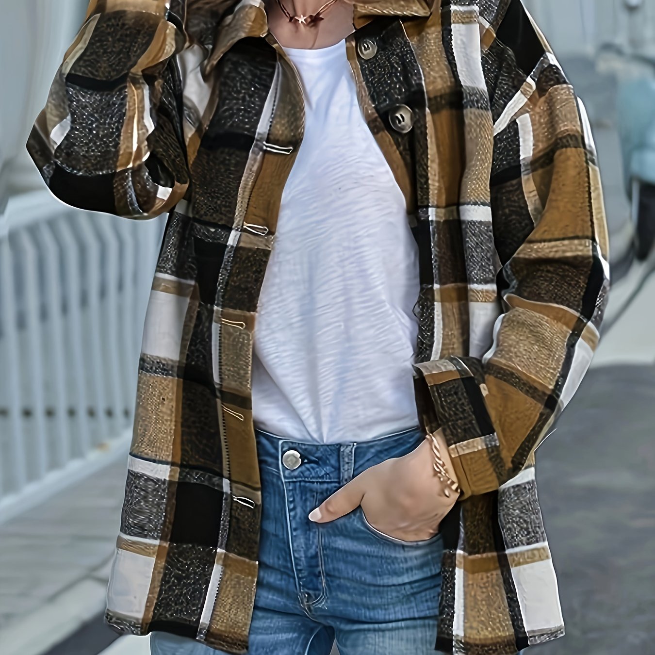 Plaid Print Button Up Long Sleeve Turn Down Collar Shacket