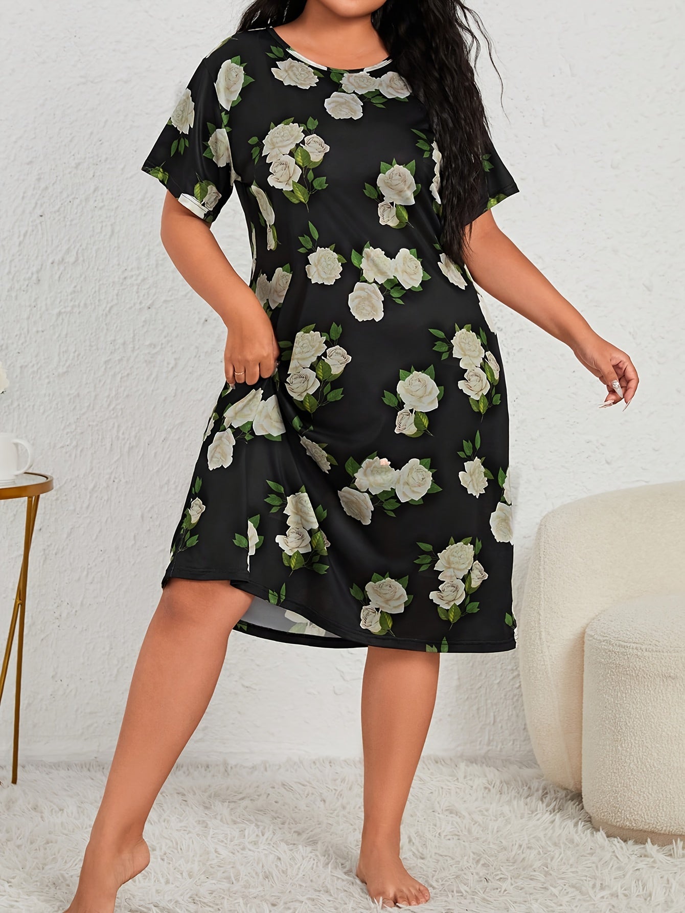 Nightdress Women's Plus Floral Print Short Sleeve Tee Sleep Dress