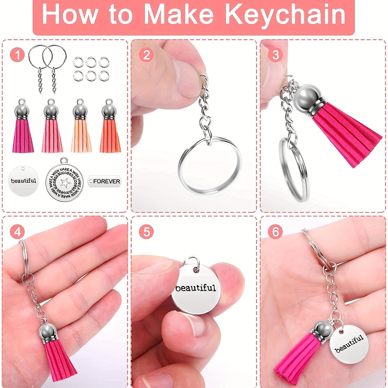 120pcs Keychain Accessories Set with Engraved Inspirational Words Charms