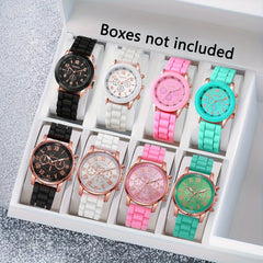 8pcs Silicone Strap Quartz Watch Set Unisex Multiple Colors Non Rechargeable