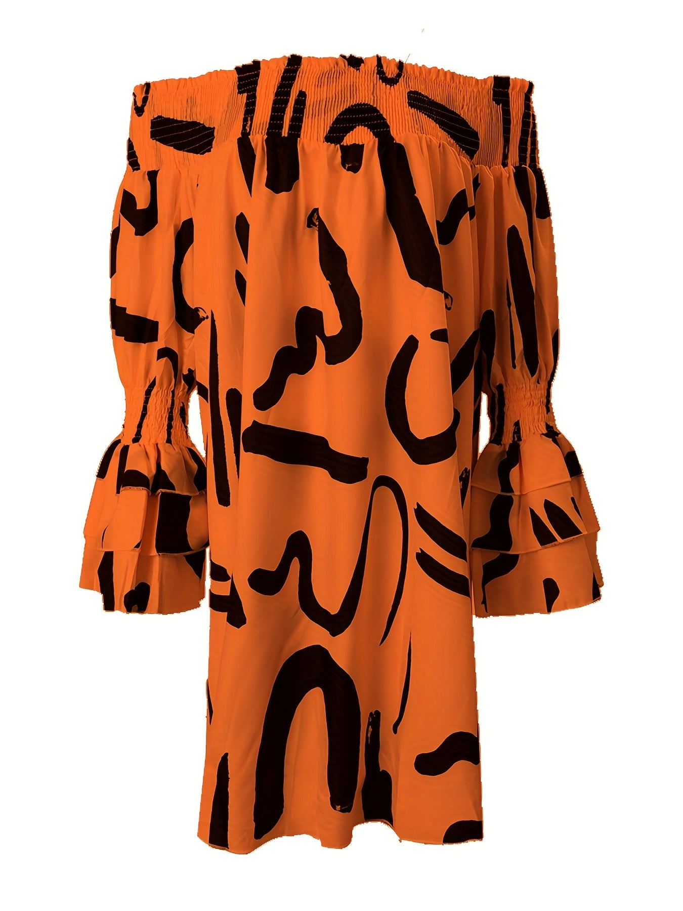 Letter Print Off Shoulder Dress Loose Long Sleeve Dress Casual Women's Clothing