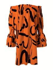 Letter Print Off Shoulder Dress Loose Long Sleeve Dress Casual Women's Clothing