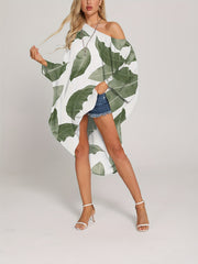 Leaf Print Cover Up Dress One Shoulder Loose Fit Asymmetrical Beachwear Kaftan