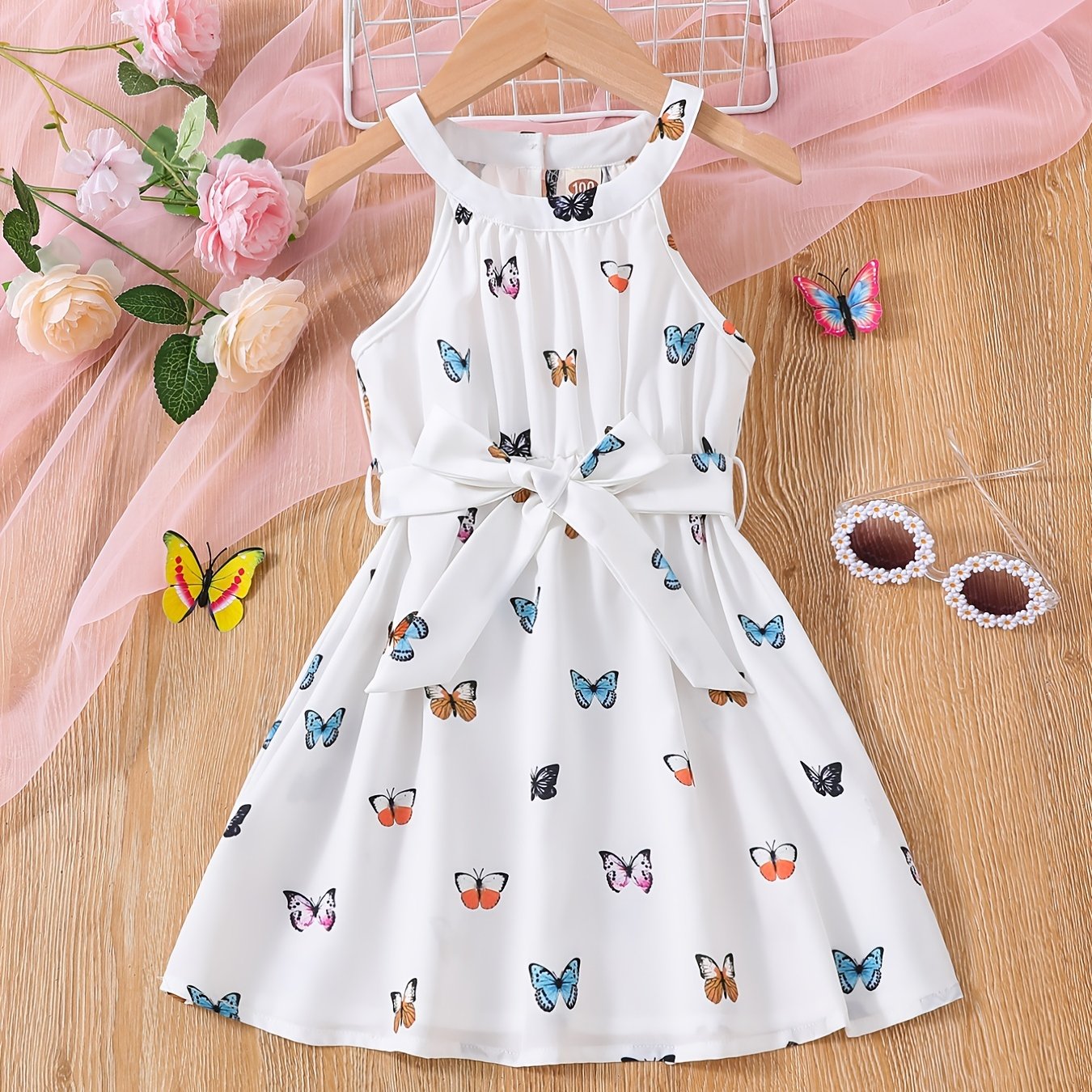 Toddler Girls Butterfly Halter Neck Dress for Party Beach Vacation