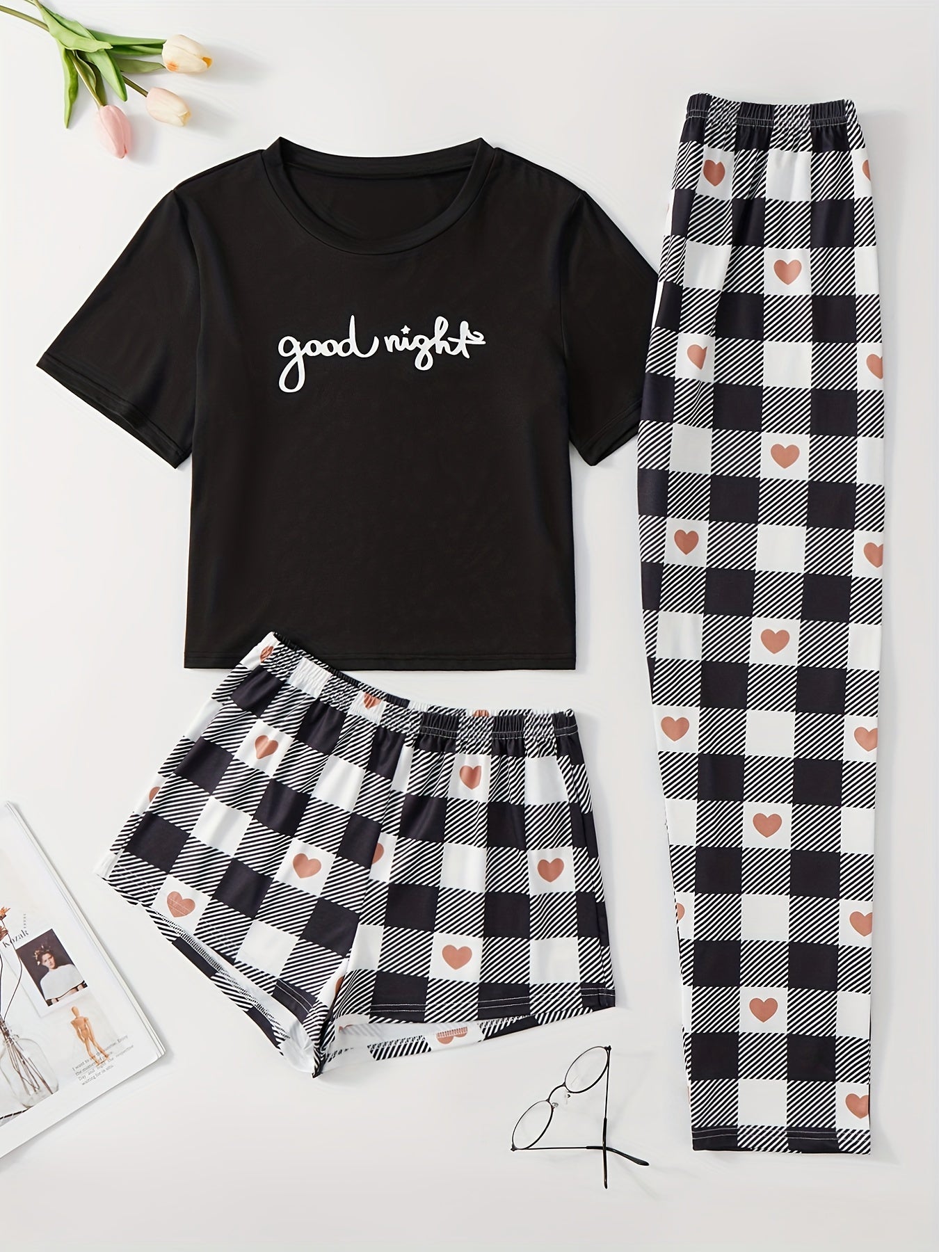 Letter Print Pajamas Set Short Sleeve Top & Bottom Women's Sleepwear