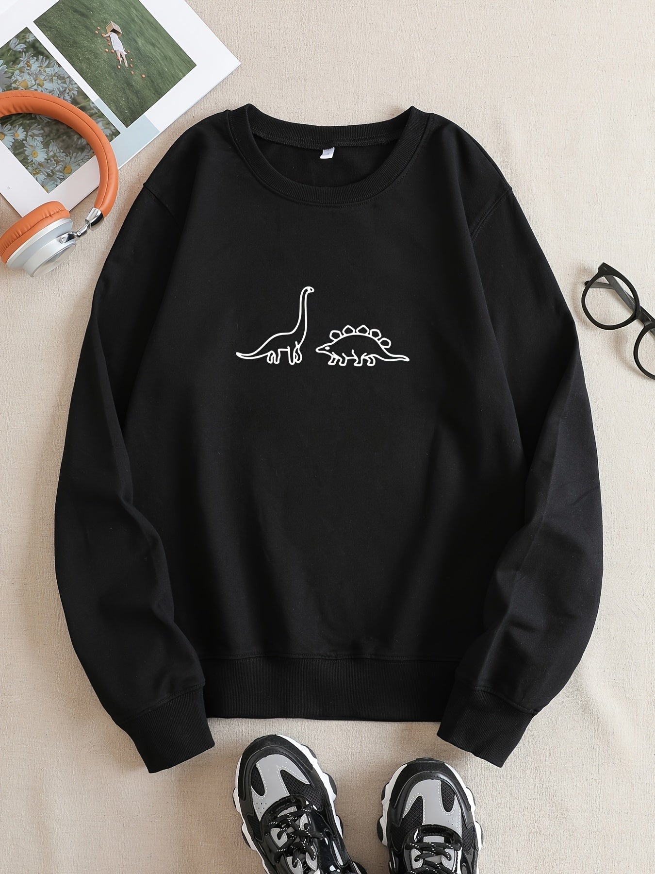 Dinosaur Graphic Print Crew Neck Sweatshirt Long Sleeve Pullover Casual Top