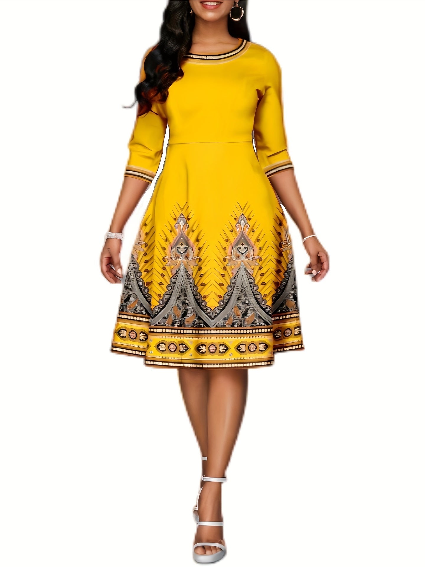 Ethnic Style Dress Women's Plus Paisley Floral Print Half Sleeve