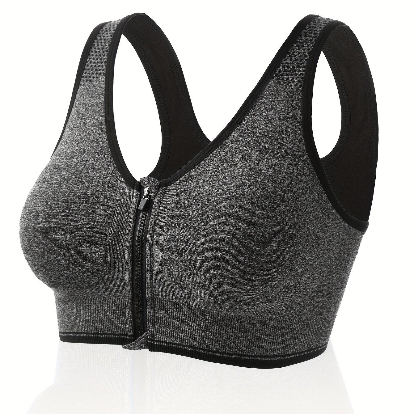 Plus Size Zipper Front Racer Back Sports Bra Wireless Running Gym Bra