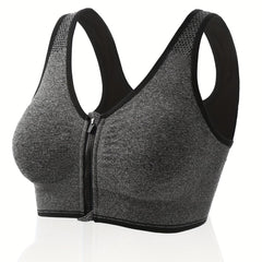 Plus Size Zipper Front Racer Back Sports Bra Wireless Running Gym Bra