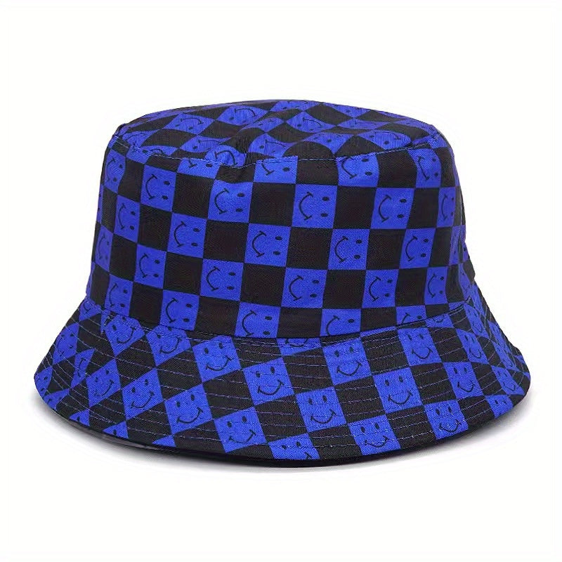 Double Sided Checkerboard Fisherman Hat Plaid Happy Fac