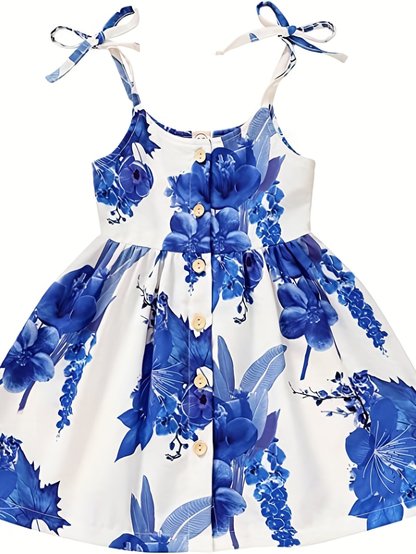 Girls Floral Print Summer Party Dress Lace Up Straps Cami Dress