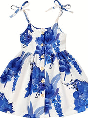 Girls Floral Print Summer Party Dress Lace Up Straps Cami Dress