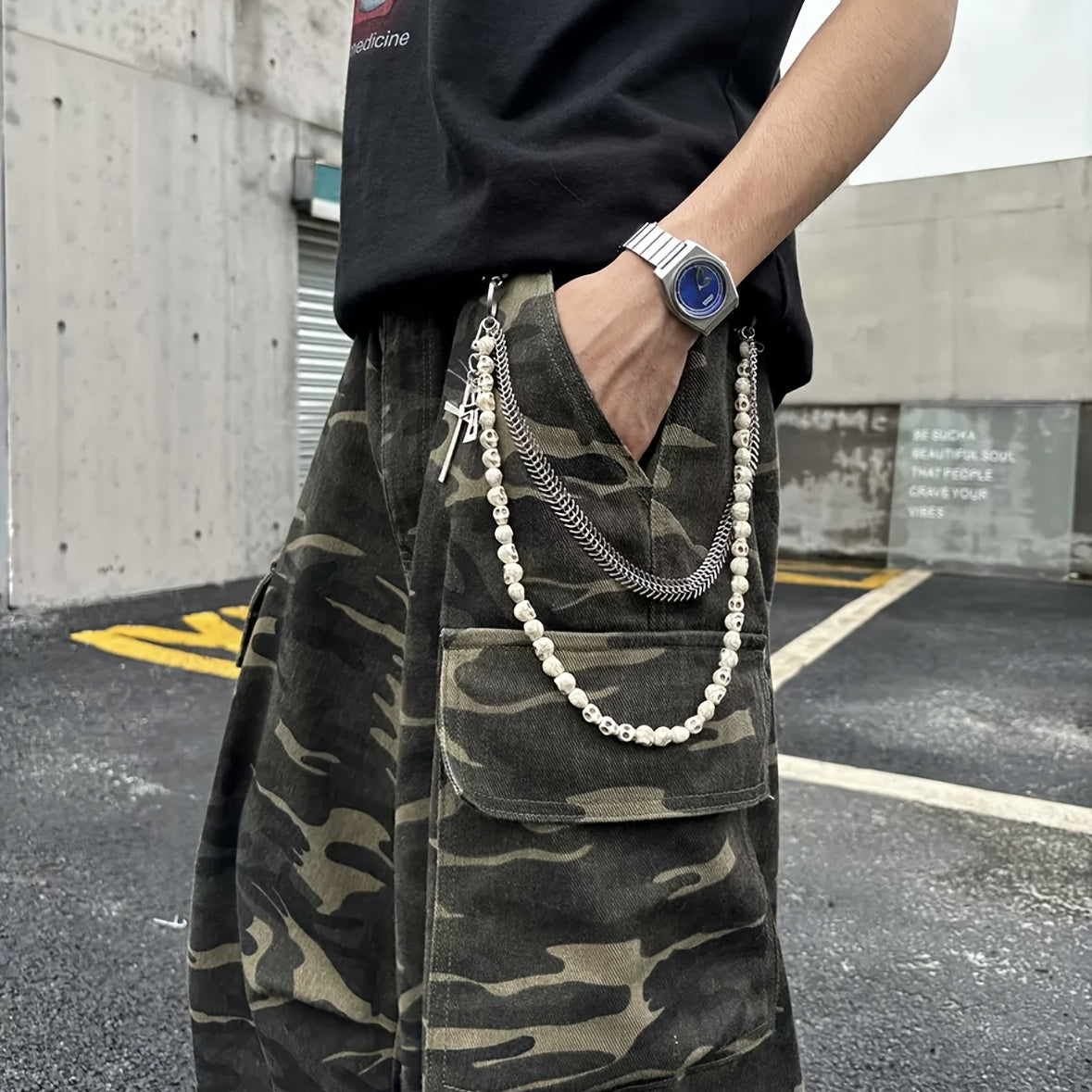 Skull Head Double Layered Pants Chain American High Street Style
