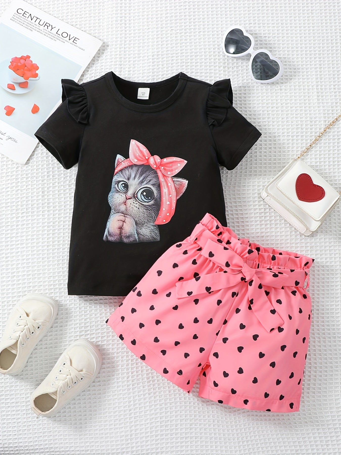 Girls Cat Graphic T-shirt & Heart Graphic Shorts Set for Summer Holiday Party