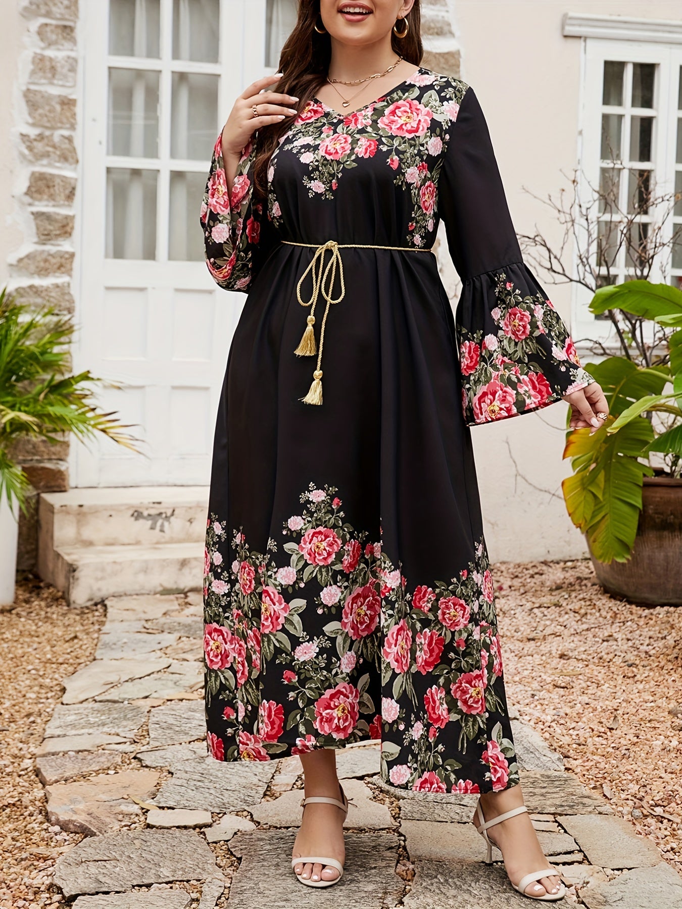 Women's Plus Floral Bell Sleeve Maxi Dress
